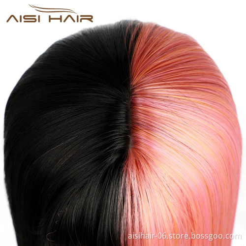 Aisi Hair Fiber Afro High Quality Cheap Straight Mixed Color Pink Black Long Heat Resistant Synthetic Hair Wigs